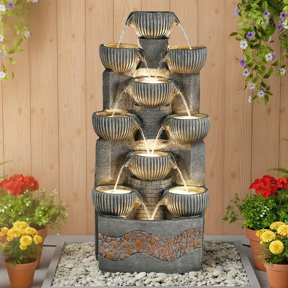 HOMEDIARY Modern 39.5" Tall Outdoor Water Fountain, Large 10-Tier Cascading Bowls Waterfall Fountain with LED Lights, Stone Texture Floor-Standing Resin Water Feature for Deck, Patio, Yard & Indoor