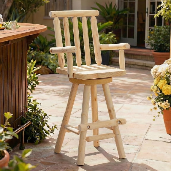 HOMEDIARY Outdoor Solid Wood Swivel Bar Stool, Oversized Patio Log Bar Height Chair with High Back, Heavy Duty 29.8" Tall Adirondack Chair with Armrest & Footrest, 500 LBS Capacity, Natural