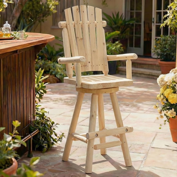 HOMEDIARY Outdoor Solid Wood Swivel Bar Stool, Oversized Rustic Patio Log Bar Height Chair with High Back and Footrest, 29.9" Adirondack Bar Chair for Deck Pub Garden, 500 LBS Capacity, Natural
