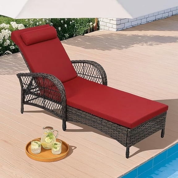 HOMEDIARY Outdoor Wicker Chaise Lounge Chair, All Weather Rattan Patio Lounger Chair with Pillow, 6-Position Adjustable High Back, Pool Sunbathing Reclining Chair with Armrest for Garden Deck, Red