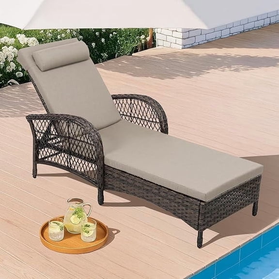 HOMEDIARY Outdoor Wicker Chaise Lounge Chair, All Weather Rattan Patio Lounger Chair with Pillow, 6-Position Adjustable High Back, Pool Sunbathing Reclining Chair with Armrest for Garden Deck, Beige