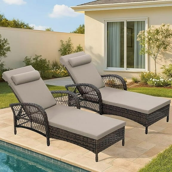 HOMEDIARY Outdoor Wicker Chaise Lounge Chairs Set of 2, Patio Rattan Lounger with Armrest, Adjustable 6-Level Backrest and Pillow, All Weather Pool Sunbathing Reclining Chairs for Deck Yard, Beige