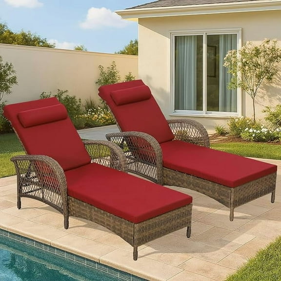 HOMEDIARY Outdoor Wicker Chaise Lounge Chairs Set of 2, Patio Rattan Lounger with Armrest, Adjustable 6-Level Backrest and Pillow, All Weather Pool Sunbathing Reclining Chairs for Deck Yard, Red