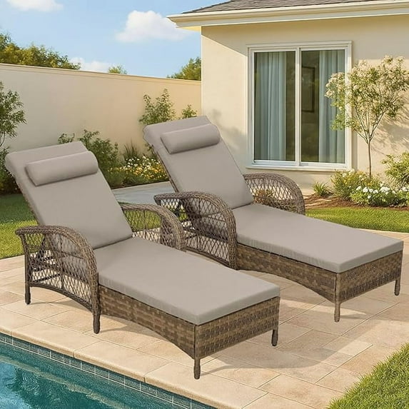 HOMEDIARY Outdoor Wicker Chaise Lounge Chairs Set of 2, Patio Rattan Lounger with Armrest, Adjustable 6-Level Backrest and Pillow, All Weather Pool Sunbathing Reclining Chairs for Deck Yard, Beige