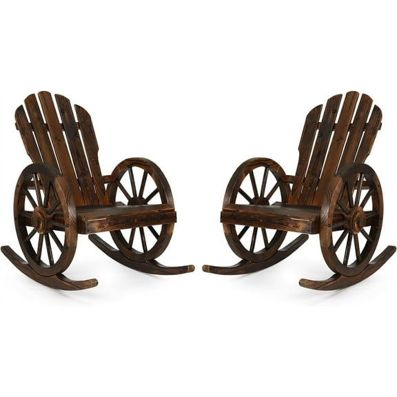 HOMEDIARY Outdoor Wood Wagon Rocking Chair Set of 2, Adirondack Rocker Chair w/Slatted Design and Oversized Back, Carbonized Patio Lounge Chairs Rustic Rocker with Wheel Armrest for Garden