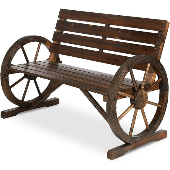 HOMEDIARY Outdoor Wooden Wagon Wheel Bench, Rustic 2-Person Seat Patio Bench w/Slatted Design and Carbonized Finish, Outdoor Patio Furniture w/550lbs High Capacity for Garden Patio Backyard Porch