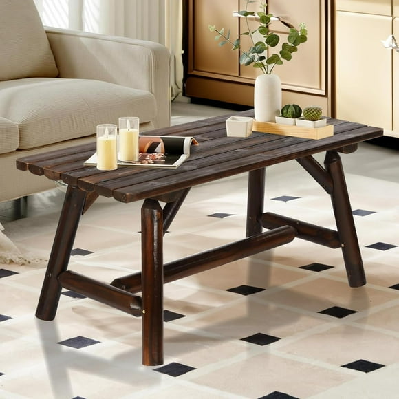 HOMEDIARY Wooden Adirondack Log Side Table, Cedar Wood Outdoor Rectangular End Table w/Slatted Tabletop, Oversize 41.5” Indoor Outdoor Patio Side Coffee Table for Garden Patio Backyard, Carbonized