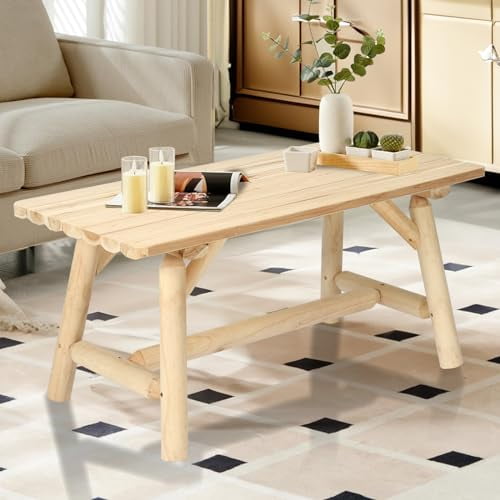 HOMEDIARY Wooden Adirondack Log Side Table, Cedar Wood Outdoor Rectangular End Table w/Slatted Tabletop, Oversize 41.5 Indoor Outdoor Patio Side Coffee Table for Garden Patio Back