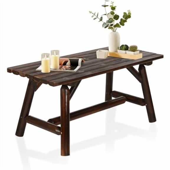 HOMEDIARY Wooden Adirondack Log Side Table, Cedar Wood Outdoor Rectangular End Table w/Slatted Tabletop, Oversize 41.5 Indoor Outdoor Patio Side Coffee Table for Garden Patio Back