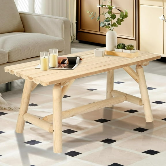 HOMEDIARY Wooden Adirondack Log Side Table, Cedar Wood Outdoor Rectangular End Table w/Slatted Tabletop, Oversize 41.5” Indoor Outdoor Patio Side Coffee Table for Garden Patio Backyard Porch, Natural