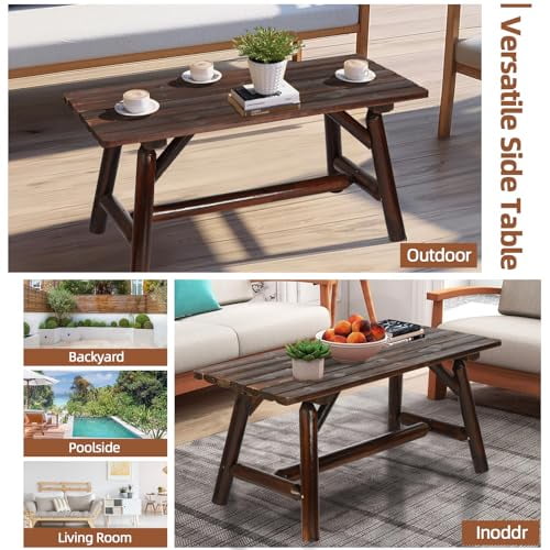 HOMEDIARY Wooden Adirondack Log Side Table, Cedar Wood Outdoor Rectangular End Table w/Slatted Tabletop, Oversize 41.5 Indoor Outdoor Patio Side Coffee Table for Garden Patio Backyard, Carbonized