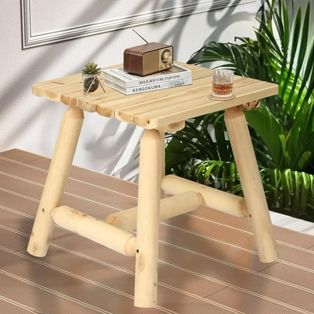 HOMEDIARY Wooden Adirondack Log Side Table, Cedar Wood Outdoor Square End Table w/Slatted Tabletop, Oversize 19.5” Indoor Outdoor Patio Side Coffee Table for Garden Patio Backyard Porch, Natural