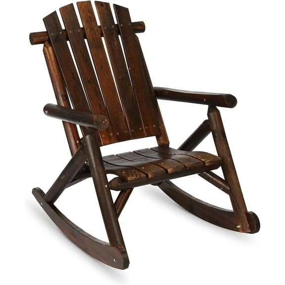HOMEDIARY Wooden Adirondack Rocking Chair, Patio Log Rocker Outdoor Lounge Chair with Slatted Wooden Design, High Fanned Back & Classic Rustic Style for Garden Patio Backyard Porch, Carbonized
