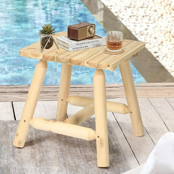 HOMEDIARY Wooden Outdoor Log CoffeeTable, Cedar Wood Adirondack Square End Table, 19.5 Indoor & Outdoor Patio Side Coffee Table for Garden, Patio, Backyard, Porch