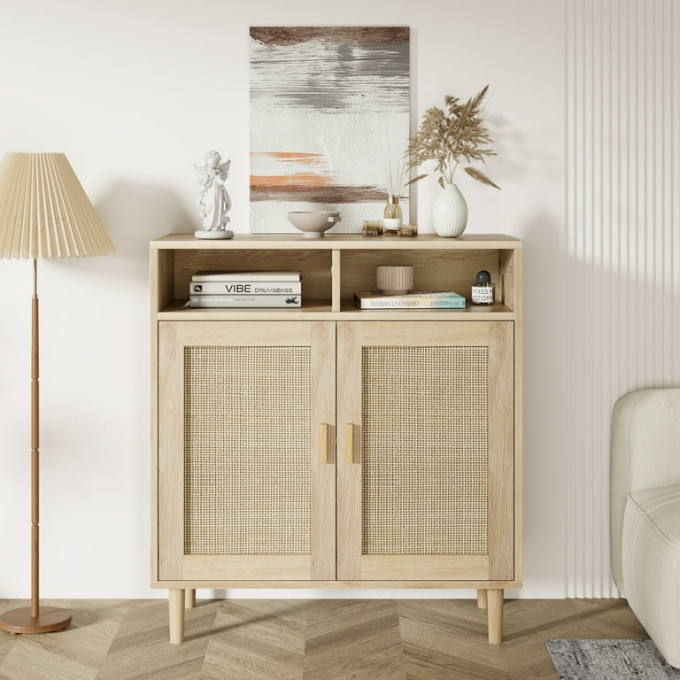 HOMEFAN Accent Rattan Sideboard Buffet Storage Cabinet With 2 Doors Shelves Modern farmhouse Vintage Small Sideboard Cabinet Furniture For kitchen
