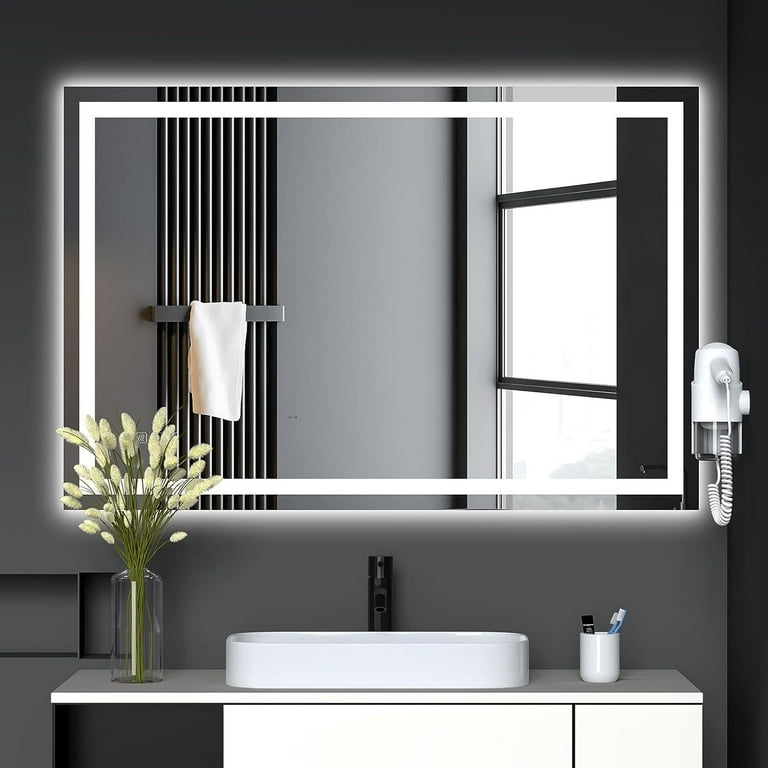 HOMEFAN LED Bathroom Mirror 48 x 32 with Front and Backlight Dimmable Wall Mirrors with Anti Fog Shatter Proof Memory 3 Colors