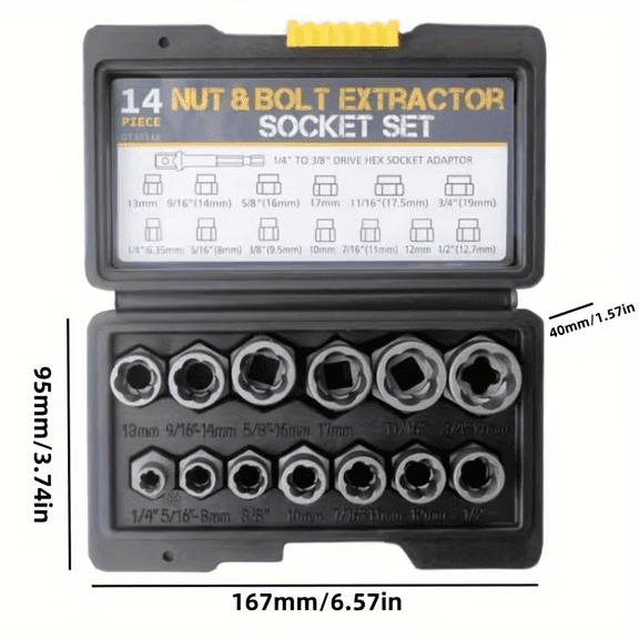 HOMEFISH 14pcs Nut Extractor Kit | Nut Removal Tool With 13 Bolts And Nut Removers, 1 Hex Socket Adapter For 1/4" To 3/8" Drives