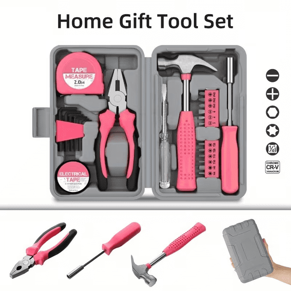 HOMEFISH 24pcs Pink Home Tool Set, Sturdy Metal Hand Tool Kit, Classic Barn-Style Toolbox, Durable Metal Hand Tool, Including Screwdriver, Tape Measure, Hammer,Internal Hex Wrench And Pliers