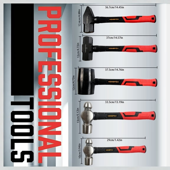 HOMEFISH 5pcs Hammer Set 3Lb Sledge & Cross Pein Hammers, 32oz Ball Pein Hammer, 32oz Rubber Mallet Hammer, With Fiberglass Handle, Forged Steel Head