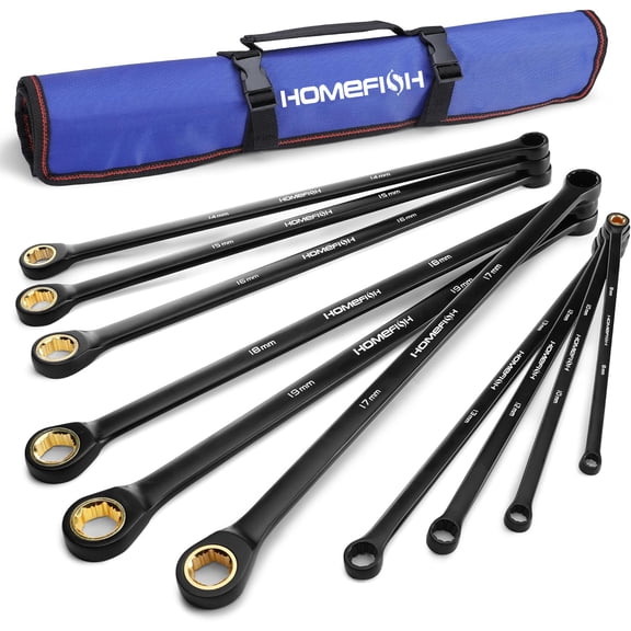 HOMEFISH Extra Long Ratcheting Wrench Set, 10-Piece Anti-Slip Double Box Wrenches Set, Metric 8-19 mm, 72-Teeth, Cr-V Steel and Black Electrophoretic Coating Wrenches with Rolling Pouch