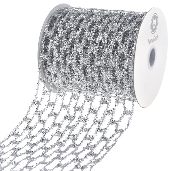 HOMEFORD Christmas Expandable Sparkle Tinsel Wired Ribbon, 4-inch, 10-yard, Silver