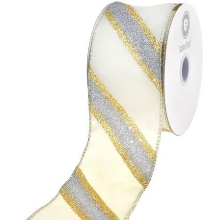 HOMEFORD Christmas Glittered Diagonal Stripes Wired Ribbon, 2-1/2-inch, 10-yard, Gold/Silver