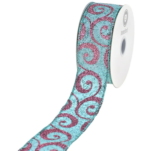 HOMEFORD Christmas Glittered Ornate Swirls Satin Wired Ribbon, 1-1/2-inch, 10-yard, Teal