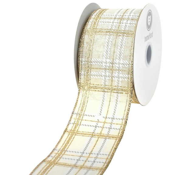 HOMEFORD Christmas Glittered Plaid Faux Linen Wired Ribbon, 2-1/2-inch, 10-yard, Ivory