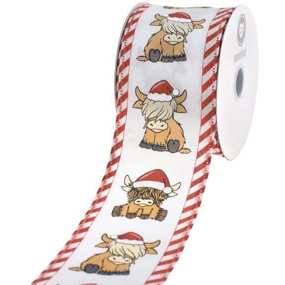 HOMEFORD Christmas Santa Hat Highland Cattle Satin Wired Ribbon, 2-1/2-inch, 10-yard, White