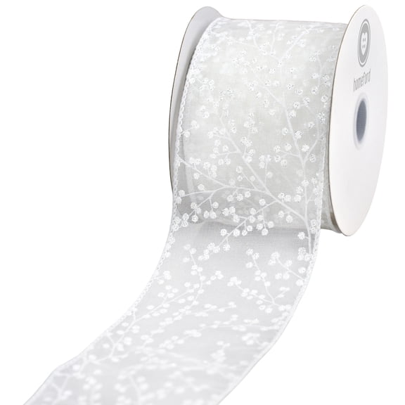 HOMEFORD Christmas Sheer Organza Berry Branch Wired Ribbon, 2-1/2-inch, 10-yard, White