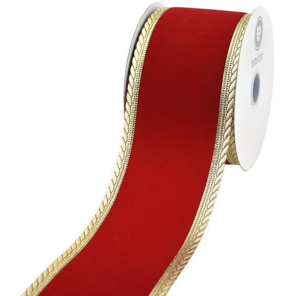 HOMEFORD Christmas Velvet Metallic Scalloped Edge Wired Ribbon, 2-1/2-inch, 10-yard, Red/Gold