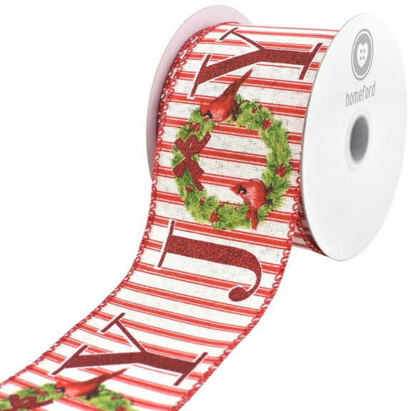 HOMEFORD ESC05 Christmas Joy Wreath Stripes Faux Linen Wired Ribbon, 2-1/2-inch, 10-yard, Red/White