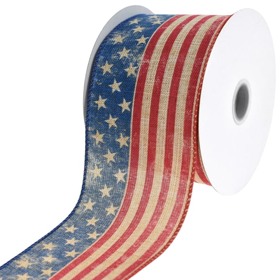 HOMEFORD ESC05 Patriotic Vintage American Flag Wired Ribbon, 2-1/2-inch, 10-yard, Natural