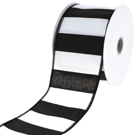 HOMEFORD ESC05 Railroad Stripes Wired Ribbon, 2-1/2-inch, 10-yard, Black/White