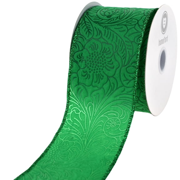 HOMEFORD Embossed Flowers Polypropylene Wired Ribbon, 2-1/2-inch, 10-yard, Emerald
