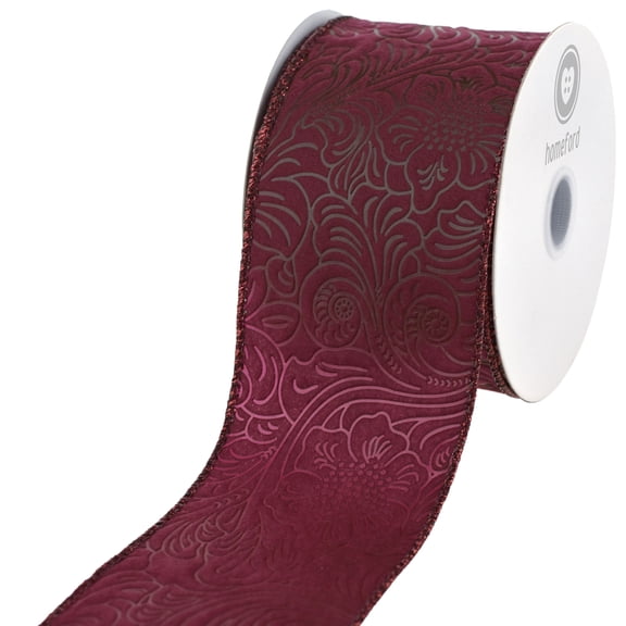 HOMEFORD Embossed Flowers Polypropylene Wired Ribbon, 2-1/2-inch, 10-yard, Wine