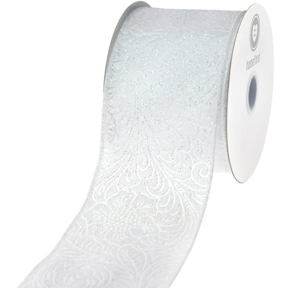 HOMEFORD Embossed Glittered Flowers Polypropylene Wired Ribbon, 2-1/2-inch, 10-yard, White