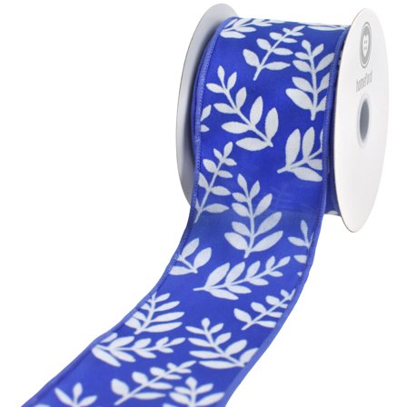 HOMEFORD Flocked Fern Branches Satin Wired Ribbon, 2-1/2-inch, 10-yard, Royal Blue