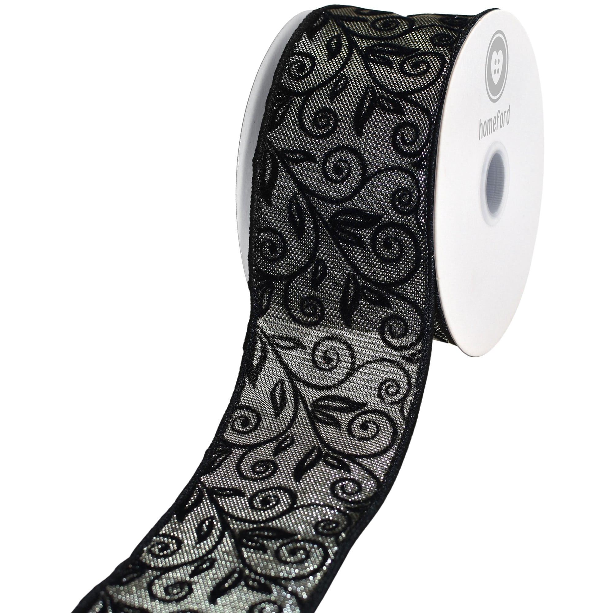 HOMEFORD Flocked Swirls Metallic Honeycomb Wired Ribbon, 2-1/2-inch, 10-yard, Gray