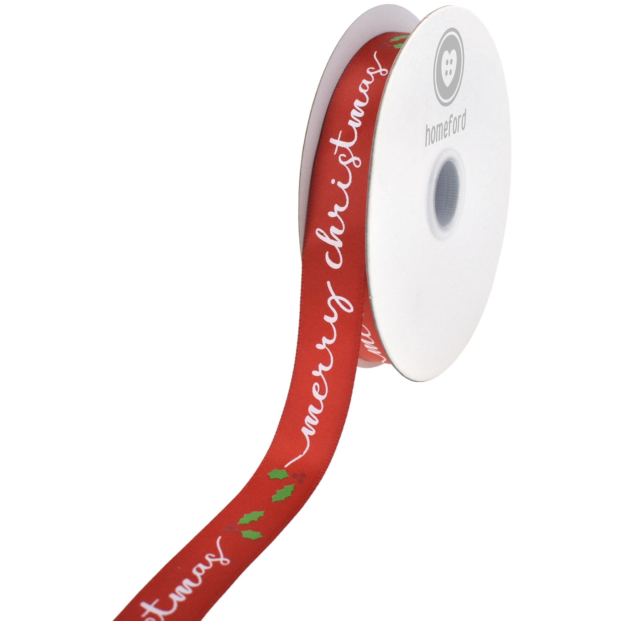 HOMEFORD Merry Christmas Cursive Script Holly Berries Satin Ribbon, 5/8 ...