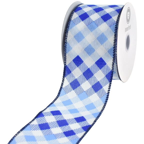 HOMEFORD Ombre Gingham Plaid Faux Linen Wired Ribbon, 2-1/2-inch, 10-yard, Navy
