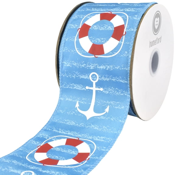 Homeford Summer Anchors Life Preservers Satin Wired Ribbon, 2-1/2-inch, 10-yard, Blue