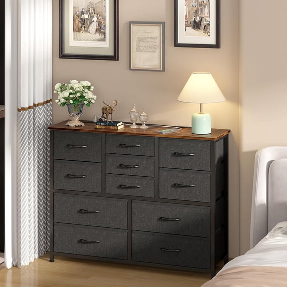 HOMEFORT 11 Drawer Dresser with Power Outlet, Fabric Chest of Drawers for TV Stand up to 43", Large Capacity Storage Organizer Tower for Bedroom, Closet, Nursery, Living Room, Entryway, Rustic Brown