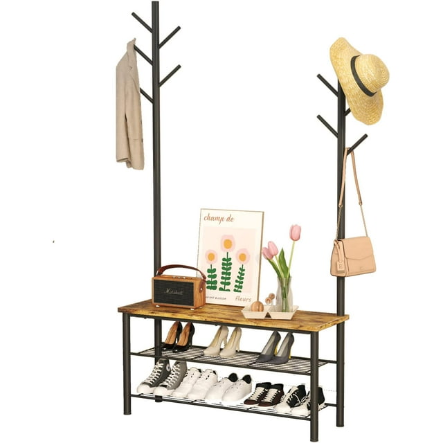 HOMEFORT 3Tier Shoe Bench with Coat Rack,Hall Tree With Shoe Storage