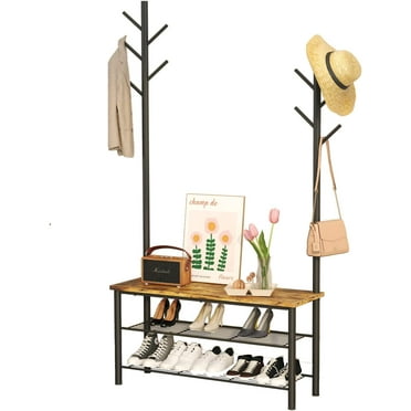 HOMEFORT 3-Tier Shoe Bench with 9 Hanging Hooks, Rustic Brown