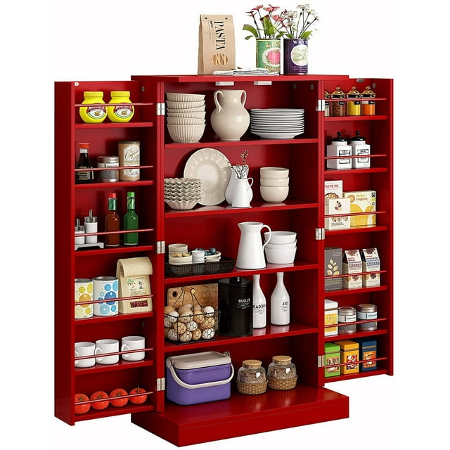 HOMEFORT 41" Kitchen Pantry, Farmhouse Pantry Cabinet, Storage Cabinet with Doors and Adjustable Shelves (Red)