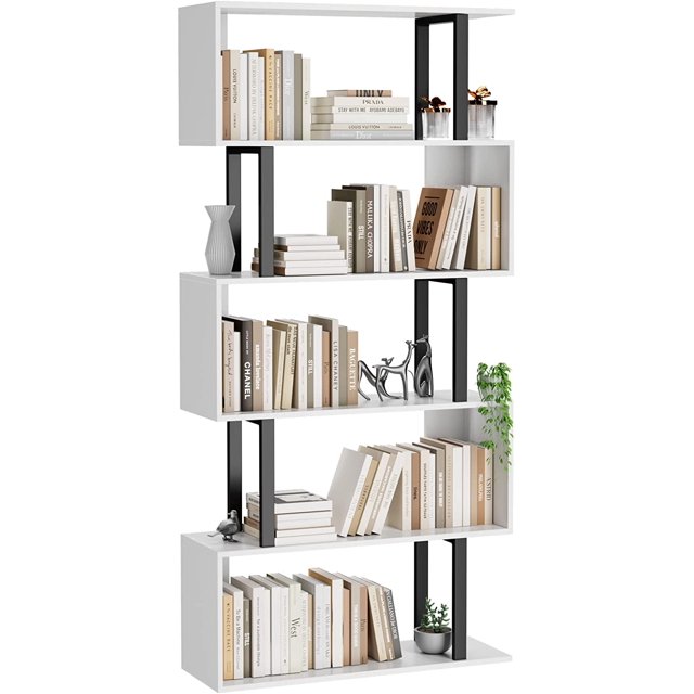 HOMEFORT 5 Tier Geometric Bookcase, Black and White Book Shelves
