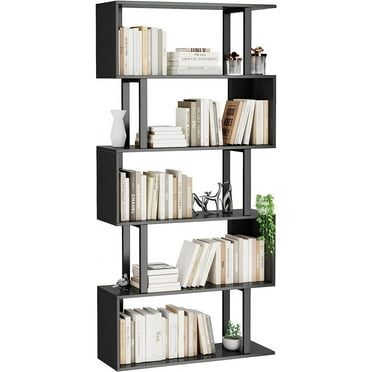 HOMEFORT 5-Tier Geometric Bookcase,S Shaped Bookshelf, Wood Decorative Storage Shelving, Modern Freestanding Display Shelves, Tall Book Shelf Unit for Living Room Bedroom, Black