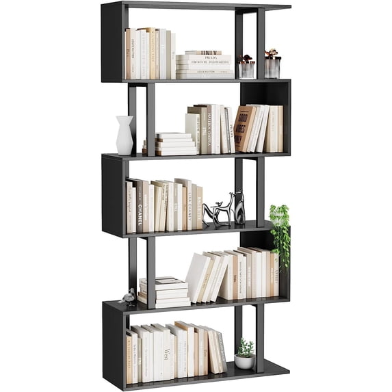 HOMEFORT 5-Tier Geometric Bookcase,S Shaped Bookshelf, Wood Decorative Storage Shelving, Modern Freestanding Display Shelves, Tall Book Shelf Unit for Living Room Bedroom, Black