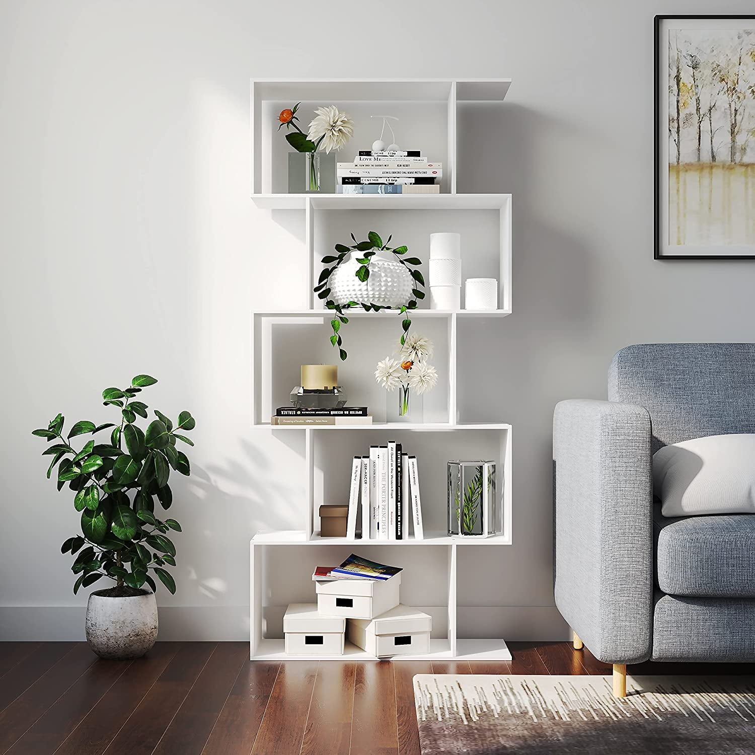 HOMEFORT 5-Tier Wood Bookcase, Modern Geometric, Display HOMEFORT 5-Tier Wood Bookcase, Modern Geometric, Display